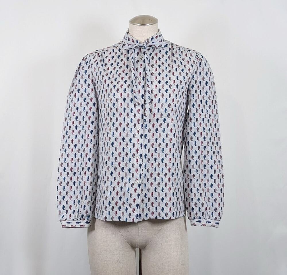 Vintage 80s Blouse Gray Print Tie Neck Button Top Women's Size 10